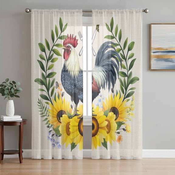 Sheer Curtains 63 Inch Length 2 Panels Set for Bedroom, Sunflowers Rooster Semi Sheer Curtains for Windows, Watercolor Leaves Retro Art Rustic Voile Window Treatments Rod Pocket Curtain