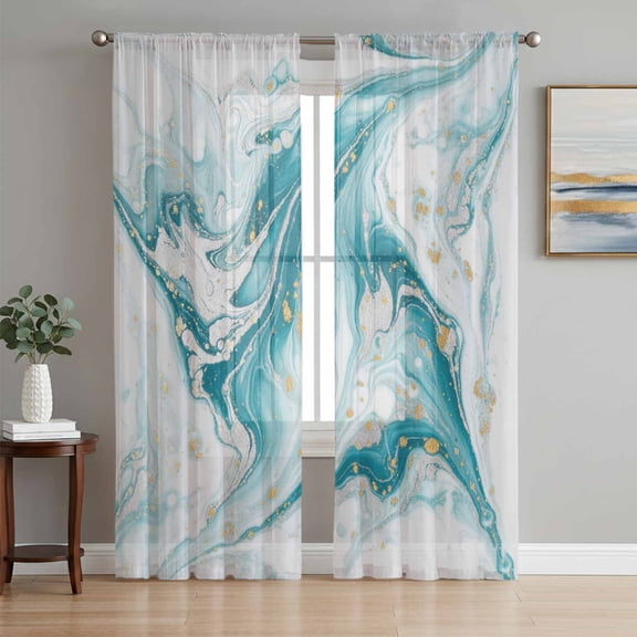 Sheer Curtains 63 Inch Length 2 Panels Set for Bedroom, White Teal Marble Semi Sheer Curtains for Windows, Modern Abstract Art Marble Fluid Voile Window Treatments Rod Pocket Curtain