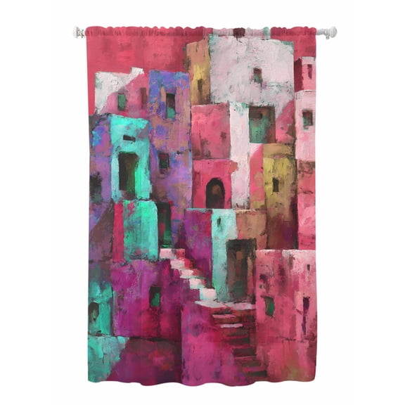 Sheer Curtains 63 Inch Length, Abstract Red Semi Sheer Curtains Light Filtering Window Treatment, Painting Buildings Geometric Color Block Privacy Voile Drapes for Living Room Bedroom 52x63 Inch