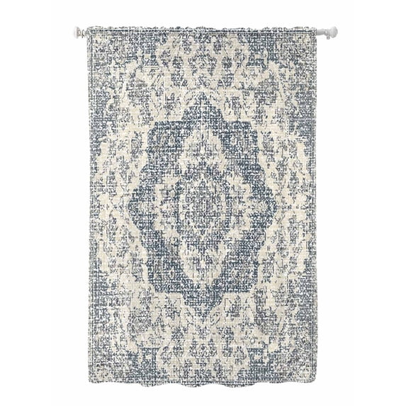 Sheer Curtains 63 Inch Length, Beige Blue Boho Semi Sheer Curtains Light Filtering Window Treatment, Medieval Vintage Ethnic Floral Abstract Privacy Voile Drapes for Living Room Bedroom 52x63 Inch