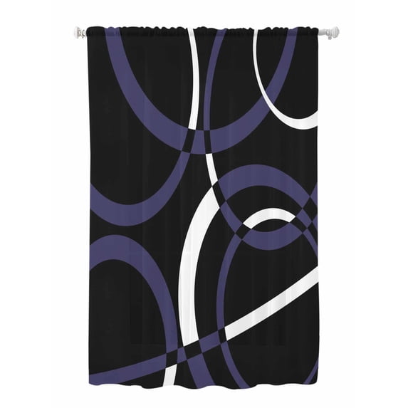 Sheer Curtains 63 Inch Length, Blue Geometric Semi Sheer Curtains Light Filtering Window Treatment, Contemporary White Abstract Lines Black Privacy Voile Drapes for Living Room Bedroom 52x63 Inch