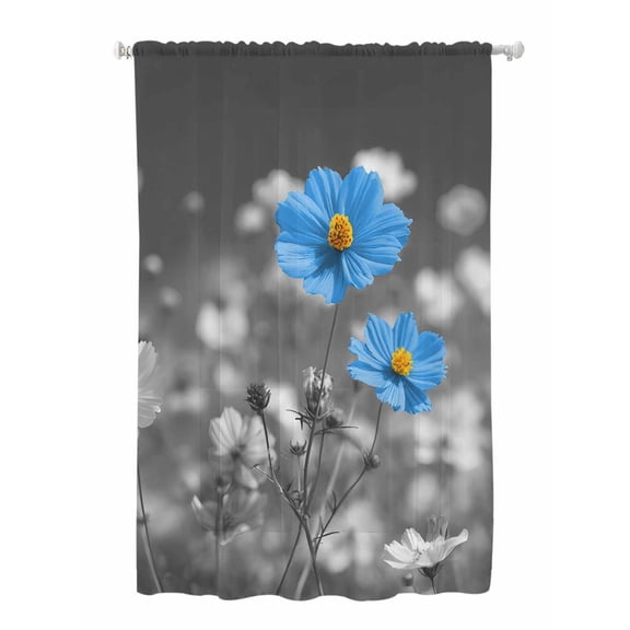 Sheer Curtains 63 Inch Length, Blue Grey Daisy Semi Sheer Curtains Light Filtering Window Treatment, Farmhouse Flowers Abstract Country Privacy Voile Drapes for Living Room Bedroom 52x63 Inch