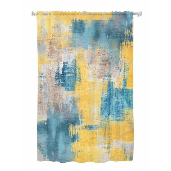 Sheer Curtains 63 Inch Length, Blue Yellow Brown Semi Sheer Curtains Light Filtering Window Treatment, Modern Abstract Mottled Oil Painting Privacy Voile Drapes for Living Room Bedroom 52x63 Inch