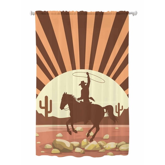 Sheer Curtains 63 Inch Length, Brown Vintage Western Semi Sheer Curtains Light Filtering Window Treatment, Horse Cactus Retro Art Privacy Voile Drapes for Living Room Bedroom 52x63 Inch