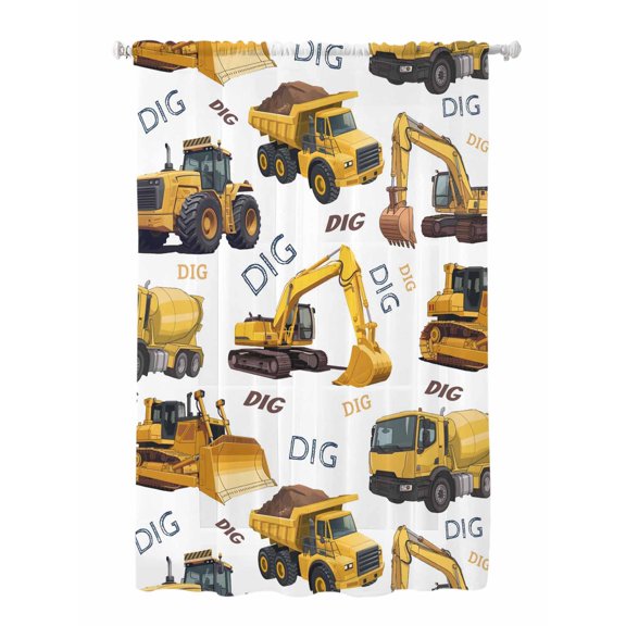 Sheer Curtains 63 Inch Length, Construction Truck Semi Sheer Curtains Light Filtering Window Treatment, Cartoon Grips and Bulldozers Stirrup Car Privacy Voile Drapes for Living Room 52x63 Inch