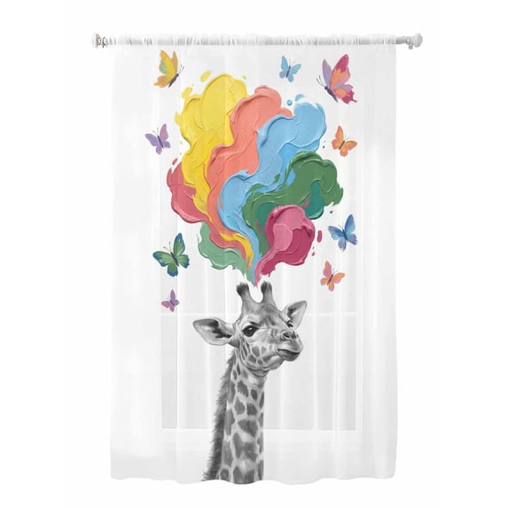 Sheer Curtains 63 Inch Length, Funny Giraffes Semi Sheer Curtains Light Filtering Window Treatment, Modern Abstract Art Colorful Clouds Privacy Voile Drapes for Living Room Bedroom 52x63 Inch