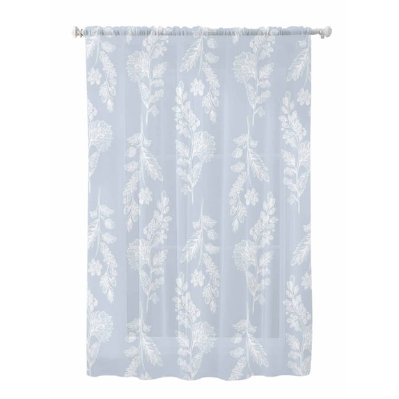 Sheer Curtains 63 Inch Length, Light Blue Botanical Semi Sheer Curtains Light Filtering Window Treatment, Pastoral Elegant Spring Floral Privacy Voile Drapes for Living Room Bedroom 52x63 Inch