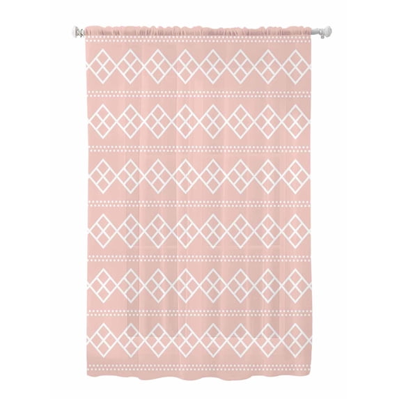 Sheer Curtains 63 Inch Length, Pink Boho Semi Sheer Curtains Light Filtering Window Treatment, Vintage Ethnic Tribe Abstract Art Privacy Voile Drapes for Living Room Bedroom 52x63 Inch