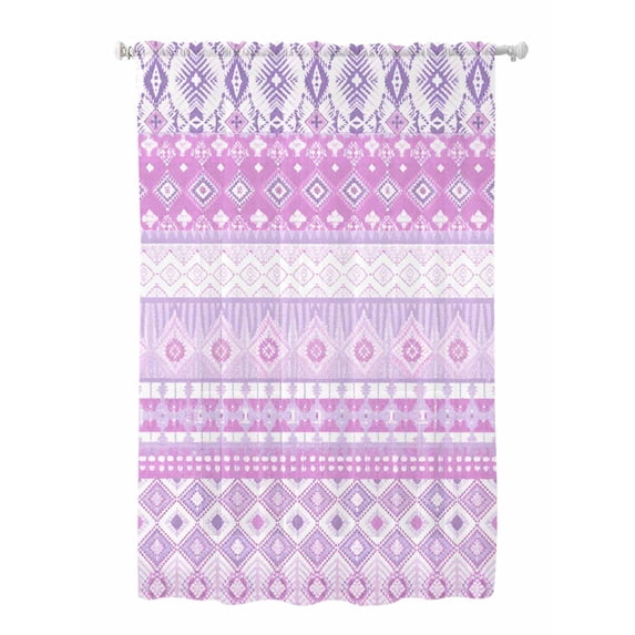 Sheer Curtains 63 Inch Length, Purple Pink Boho Semi Sheer Curtains Light Filtering Window Treatment, Vintage Ethnic Tribe Abstract Art Privacy Voile Drapes for Living Room Bedroom 52x63 Inch