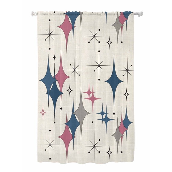 Sheer Curtains 63 Inch Length, Red Blue Diamond Semi Sheer Curtains Light Filtering Window Treatment, Modern Geometric Middle Century Beige Privacy Voile Drapes for Living Room Bedroom 52x63 Inch