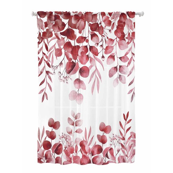 Sheer Curtains 63 Inch Length, Red Eucalyptus Leaves Semi Sheer Curtains Light Filtering Window Treatment, Spring Summer Botanical Privacy Voile Drapes for Living Room Bedroom 52x63 Inch