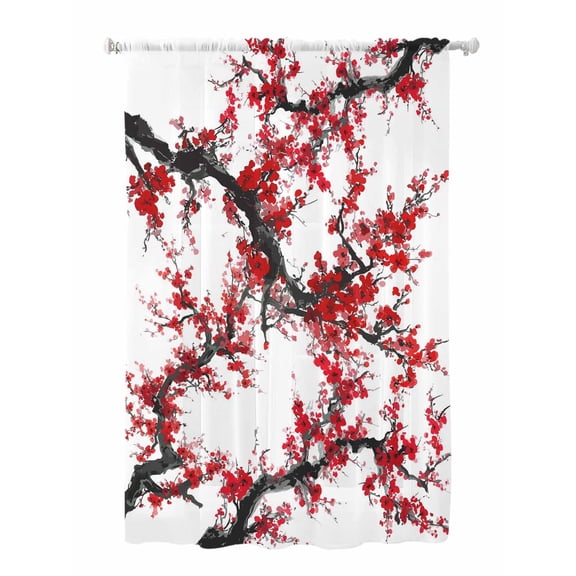 Sheer Curtains 63 Inch Length, Red Plum Semi Sheer Curtains Light Filtering Window Treatment, Nature Flowers Branches Chinese Painting Privacy Voile Drapes for Living Room Bedroom 52x63 Inch