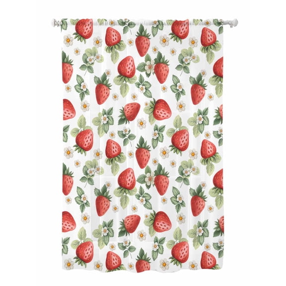 Sheer Curtains 63 Inch Length, Red Strawberry Semi Sheer Curtains Light Filtering Window Treatment, Summer Fruits Farmhouse Leaves Floral Rustic Privacy Voile Drapes for Living Room 52x63 Inch