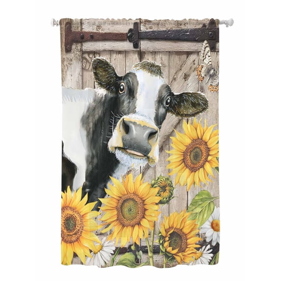 Sheer Curtains 63 Inch Length, Retro Farmhouse Flower Semi Sheer Curtains Light Filtering Window Treatment, Yellow Sunflowers Cow Barn Doors Brown Privacy Voile Drapes for Living Room 52x63 Inch