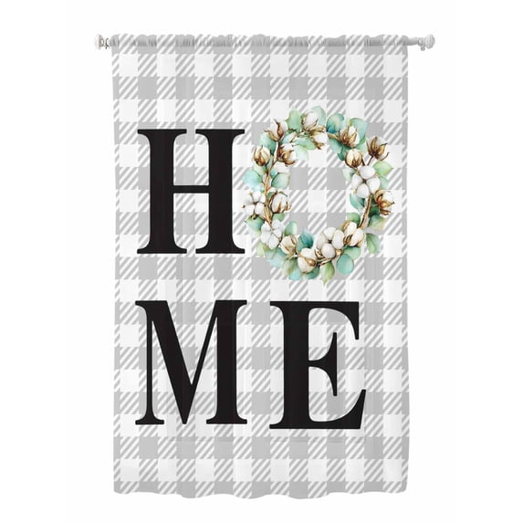 Sheer Curtains 63 Inch Length, Rustic Home Semi Sheer Curtains Light Filtering Window Treatment, Eucalyptus Leaves Farmhouse Wreath Plaid Privacy Voile Drapes for Living Room Bedroom 52x63 Inch