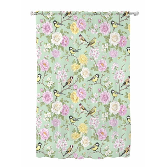 Sheer Curtains 63 Inch Length, Sage Green Spring Floral Semi Sheer Curtains Light Filtering Window Treatment, Elegant Farmhouse Flowers Birds Watercolor Privacy Voile Drapes 52x63 Inch