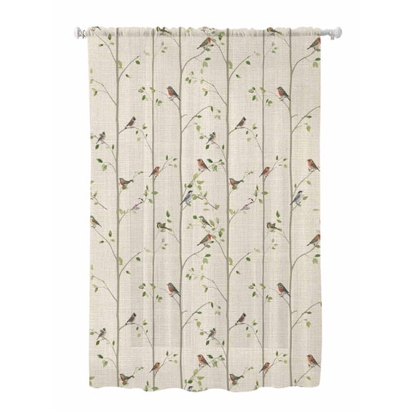 Sheer Curtains 63 Inch Length, Sparrow Semi Sheer Curtains Light Filtering Window Treatment, Spring Birds on The Branches Retro Country Beige Privacy Voile Drapes for Living Room Bedroom 52x63 Inch