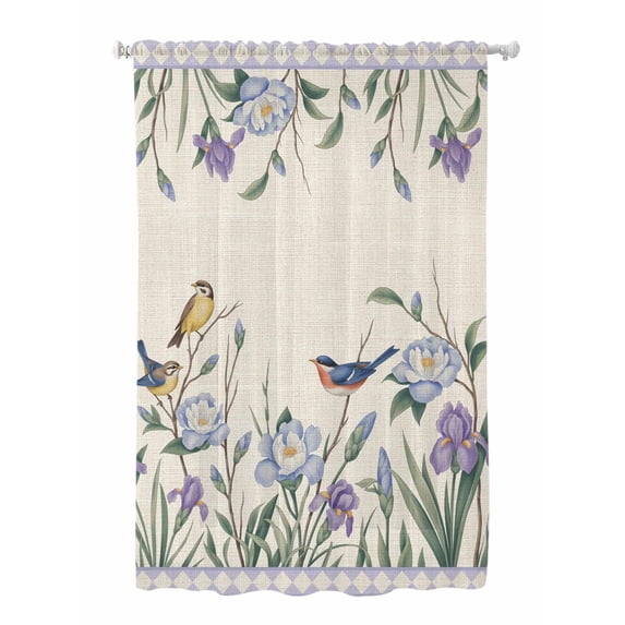 Sheer Curtains 63 Inch Length, Spring Flowers Semi Sheer Curtains Light Filtering Window Treatment, Vintage Floral Leaves Birds Farmhouse Plaid Privacy Voile Drapes for Living Room 52x63 Inch