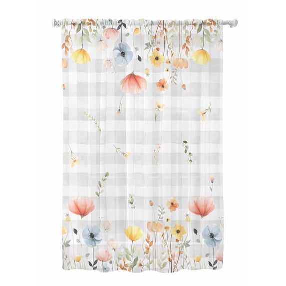 Sheer Curtains 63 Inch Length, Spring Wildflowers Semi Sheer Curtains Light Filtering Window Treatment, Watercolor Country Botanical Floral Privacy Voile Drapes for Living Room Bedroom 52x63 Inch