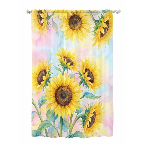 Sheer Curtains 63 Inch Length, Sunflowers Semi Sheer Curtains Light Filtering Window Treatment, Yellow Floral Summer Botanical Elegant Pastoral Privacy Voile Drapes for Living Room 52x63 Inch