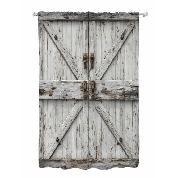 Sheer Curtains 63 Inch Length, Vintage Gate Semi Sheer Curtains Light Filtering Window Treatment, Farmhouse Wooden Grain Shabby Chic Door Privacy Voile Drapes for Living Room Bedroom 52x63 Inch