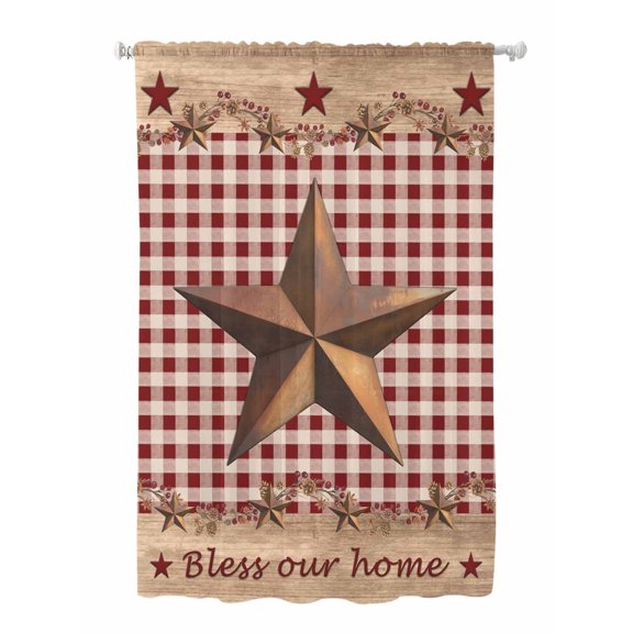 Sheer Curtains 63 Inch Length, Western Texas Star Vintage Semi Sheer Curtains Light Filtering Window Treatment, Rustic Wreath Wood Red Plaid Privacy Voile Drapes for Living Room Bedroom 52x63 Inch