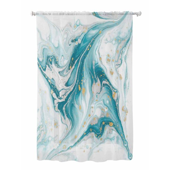 Sheer Curtains 63 Inch Length, White Teal Marble Semi Sheer Curtains Light Filtering Window Treatment, Modern Abstract Art Marble Fluid Privacy Voile Drapes for Living Room Bedroom 52x63 Inch
