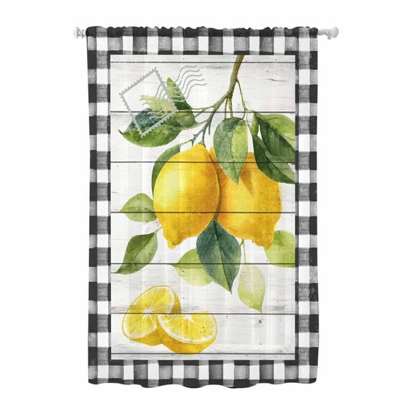 Sheer Curtains 63 Inch Length, Yellow Lemon Semi Sheer Curtains Light Filtering Window Treatment, Summer Botanical Black White Checkered Wooden Privacy Voile Drapes for Living Room 52x63 Inch