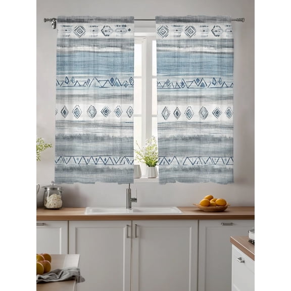 Sheer Curtains 63 Inches Long 2 Panels, Abstract Blue Gray Retro Texture Rod Pocket Curtain Voile Draperies, Morocco Geometric Style Light Filtering Window Treatment for Living Room Kitchen Bedroom