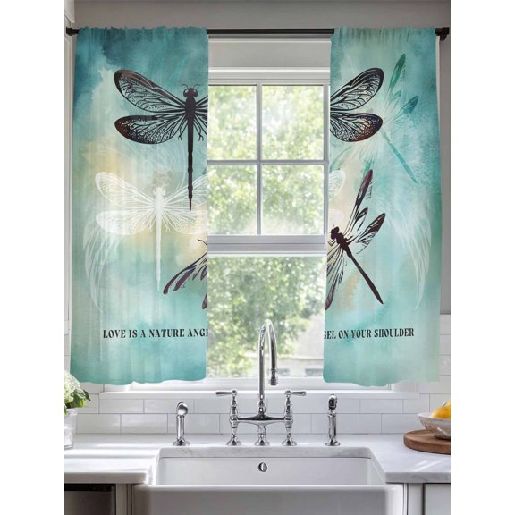 Sheer Curtains 63 Inches Long 2 Panels, Abstract Dragonfly Pastoral Rod Pocket Curtain Voile Draperies, Gradient Turquoise Light Filtering Window Treatment for Living Room Kitchen Bedroom