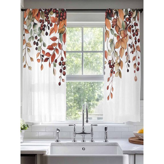 Sheer Curtains 63 Inches Long 2 Panels, Autumn Lead Berry on White Rod Pocket Curtain Voile Draperies, Orange Fallen Leaves Light Filtering Window Treatment for Living Room Kitchen Bedroom