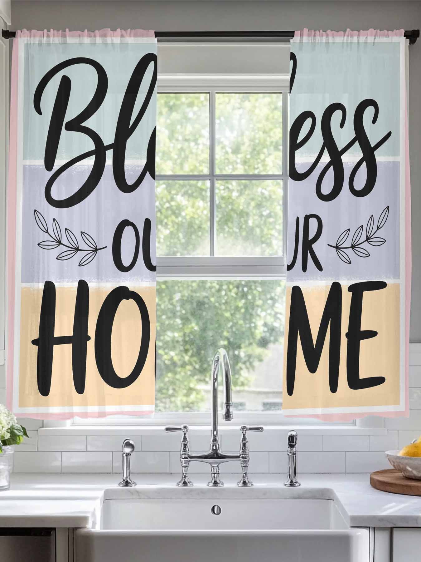 Sheer Curtains 63 Inches Long 2 Panels, Bless Our Home Words Rod Pocket ...