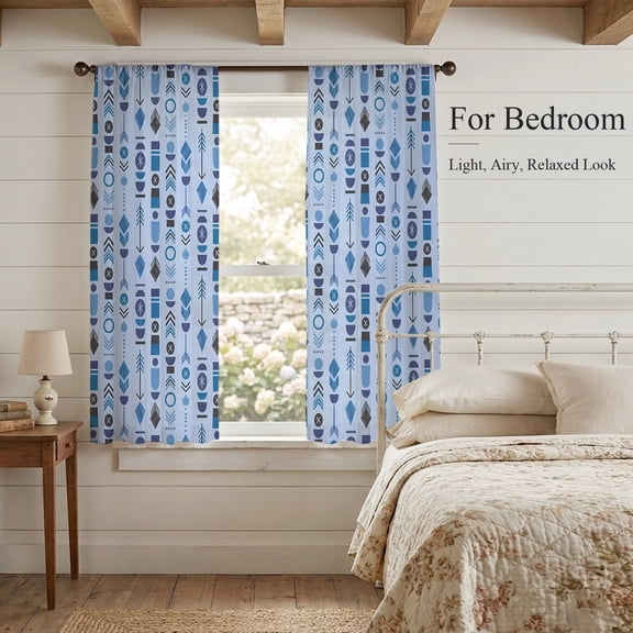 Sheer Curtains 63 Inches Long 2 Panels, Blue Aztec Tribal Arrows Rod Pocket Curtain Voile Draperies, Southwestern Geometric Art Light Filtering Window Treatment for Living Room Kitchen Bedroom