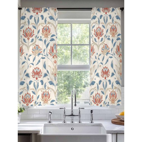 Sheer Curtains 63 Inches Long 2 Panels, Boho Flower Blue Leaves on Retro Rod Pocket Curtain Voile Draperies, Watercolor Floral Light Filtering Window Treatment for Living Room Kitchen Bedroom