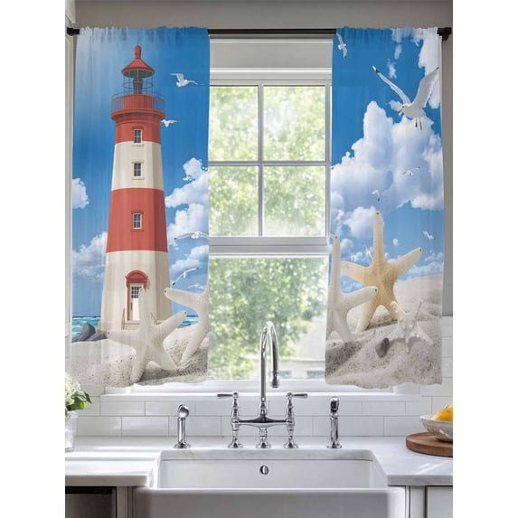 Sheer Curtains 63 Inches Long 2 Panels, Coastal Beach Lighthouse Blue Sky Rod Pocket Curtain Voile Draperies, Nature Sea Scenery Light Filtering Window Treatment for Living Room Kitchen Bedroom
