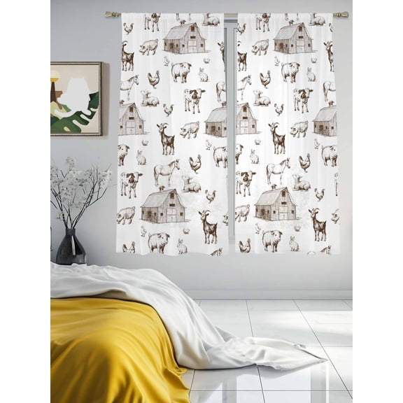 Sheer Curtains 63 Inches Long 2 Panels, Farm Cow Pig Chicken Goat Rod Pocket Curtain Voile Draperies, Farmhouse Barn Animal Light Filtering Window Treatment for Living Room Kitchen Bedroom