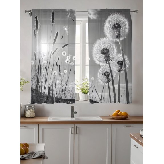 Sheer Curtains 63 Inches Long 2 Panels, Farmhouse Grey Field Dandelion Rural Plant Rod Pocket Curtain Voile Draperies, Idyllic Botanical Light Filtering Window Treatment for Living Room Kitchen