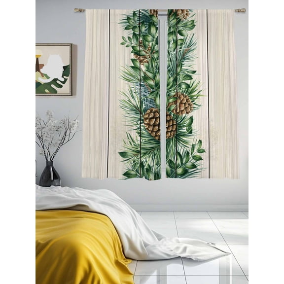 Sheer Curtains 63 Inches Long 2 Panels, Farmhouse Pine Needle Pinecone Rod Pocket Curtain Voile Draperies, Rustic Retro Wood Grain Light Filtering Window Treatment for Living Room Kitchen Bedroom