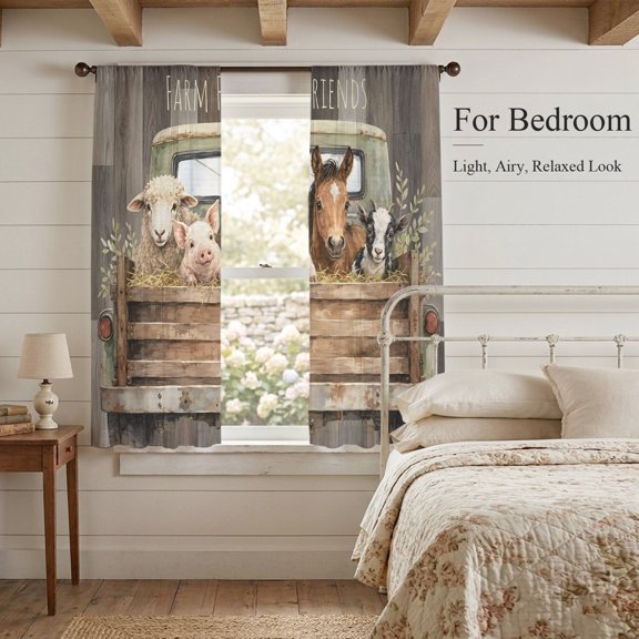 Sheer Curtains 63 Inches Long 2 Panels, Farmhouse Truck Sheep Pig Horse Cow Rod Pocket Curtain Voile Draperies, Farm Retro Wood Plank Light Filtering Window Treatment for Living Room Kitchen Bedroom
