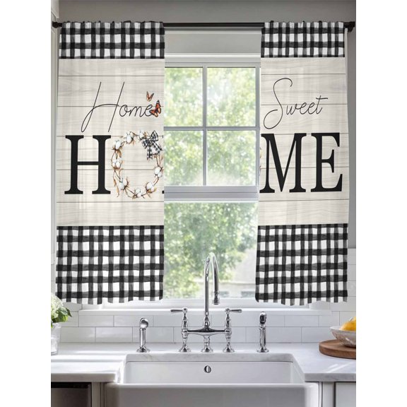 Sheer Curtains 63 Inches Long 2 Panels, Home Black White Gingham Check Rod Pocket Curtain Voile Draperies, Farm Vintage Wood Board Light Filtering Window Treatment for Living Room Kitchen Bedroom