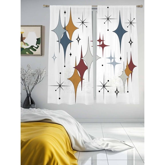 Sheer Curtains 63 Inches Long 2 Panels, Mid Century Geometric Diamond Rod Pocket Curtain Voile Draperies, Abstract Maroon Orange Blue Light Filtering Window Treatment for Living Room Kitchen Bedroom