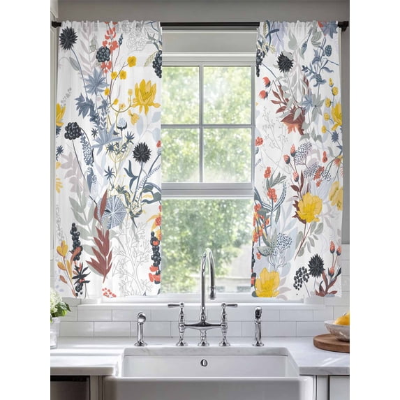 Sheer Curtains 63 Inches Long 2 Panels, Pastoral Wildflower Abstract Herb Rod Pocket Curtain Voile Draperies, Watercolor Floral Country Light Filtering Window Treatment for Living Room