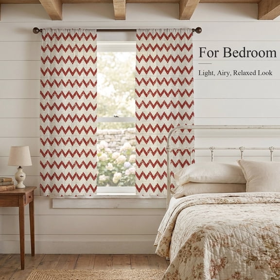 Sheer Curtains 63 Inches Long 2 Panels, Red Zigzag Stripes Rod Pocket Curtain Voile Draperies, Off White Linen Texture Background Light Filtering Window Treatment for Living Room Kitchen Bedroom