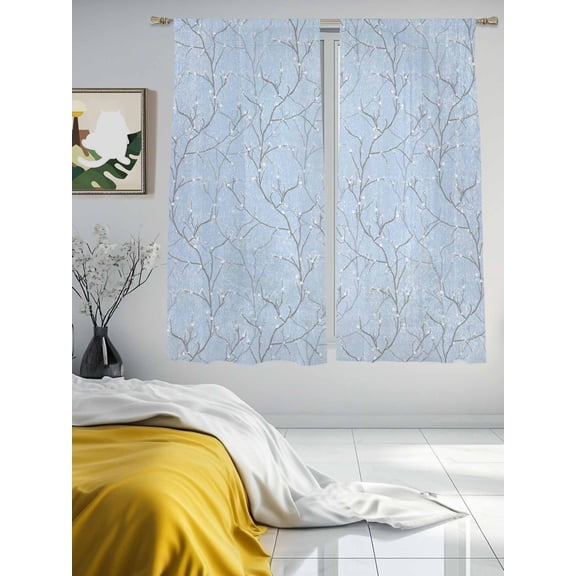 Sheer Curtains 63 Inches Long 2 Panels, Retro Tree Branches Texture Rod Pocket Curtain Voile Draperies, Vintage Plants on Bue Light Filtering Window Treatment for Living Room Kitchen Bedroom