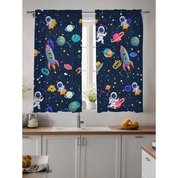 Sheer Curtains 63 Inches Long 2 Panels, Space Planet Cartoon Rocket Rod Pocket Curtain Voile Draperies, Stars and Moon on Black Light Filtering Window Treatment for Living Room Kitchen Bedroom