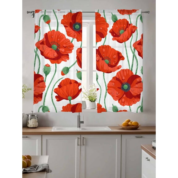 Sheer Curtains 63 Inches Long 2 Panels, Spring Red Poppy Flower with Drop Rod Pocket Curtain Voile Draperies, Country Floral on White Light Filtering Window Treatment for Living Room Kitchen Bedroom
