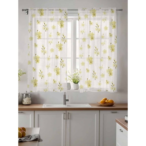 Sheer Curtains 63 Inches Long 2 Panels, Spring Yellow Cherries Flowers Rod Pocket Curtain Voile Draperies, Vintage Country Floral Art Light Filtering Window Treatment for Living Room Kitchen Bedroom