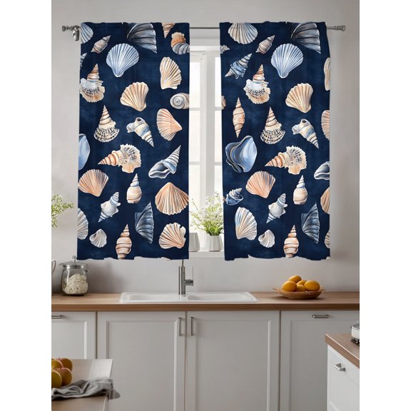 Sheer Curtains 63 Inches Long 2 Panels, Summary Ocean Shell Conch Seamless Rod Pocket Curtain Voile Draperies, Dark Blue Back Light Filtering Window Treatment for Living Room Kitchen Bedroom