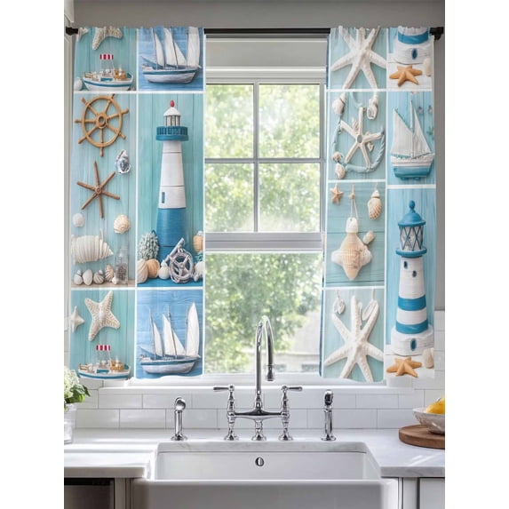 Sheer Curtains 63 Inches Long 2 Panels, Summer Beach Anchor Lighthouse Starfish Rod Pocket Curtain Voile Draperies, Blue Wood Grain Light Filtering Window Treatment for Living Room Kitchen Bedroom