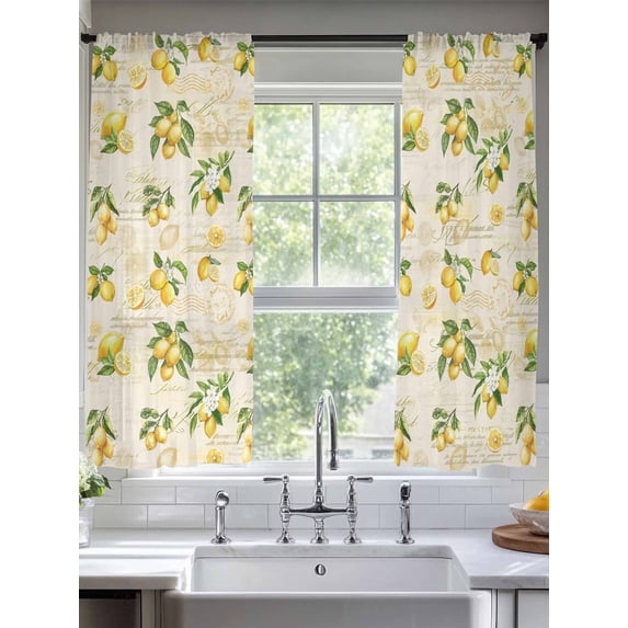 Sheer Curtains 63 Inches Long 2 Panels, Summer Farm Lemon Rod Pocket Curtain Voile Draperies, Vintage Country Fruit on Newspaper Light Filtering Window Treatment for Living Room Kitchen Bedroom